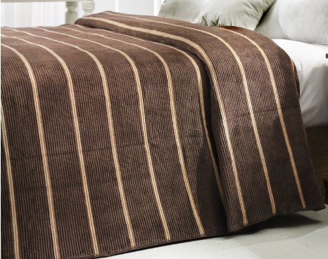 Ottomanson Bed Blankets, Bedspread, Plush Cotton Throw, Soft Cotton Cozy Blanket Tan Striped, 70'' L x 90'' W, Dark Brown