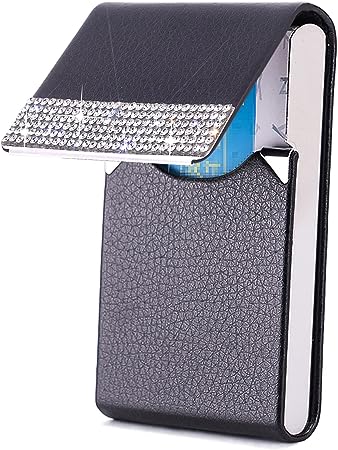 Business Card Holder, Crystal Rhinestone Metal Business Card Case Pocket, Professional PU Leather &Stainless Steel Multi Card Case,Name Purse Card Holder Case with Magnetic Closure (Black)