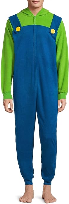 Nintendo Men's Super Mario Luigi Fleece Pajama Union Suit with Moustache