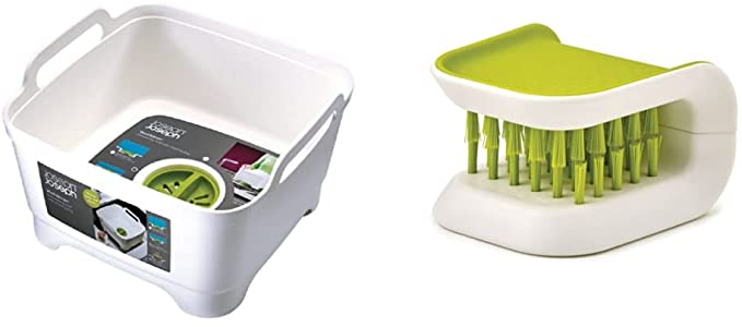 Joseph Joseph 85055 Wash & Drain Wash Basin Dishpan, White & BladeBrush Knife and Cutlery Cleaner Brush Bristle Scrub Kitchen Washing Non-Slip, One Size, Green