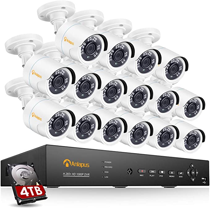 Anlapus 16CH H.265  Wired Home Security Camera System, 16 Channel 1080p 5-in-1 DVR 4TB HDD with 16pcs 2MP HD Weatherproof Home Surveillance Bullet Cameras for 7/24 Recording