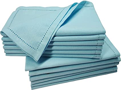 Linen Clubs 12PACK Cotton Casement Dinner Napkin with Hemstitched -20x20 Aqua Blue