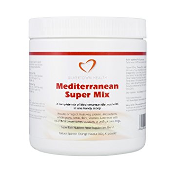 Mediterranean Super Mix - The First Superfoods Powder To Be Based On The Mediterranean Diet - 300g Pot. Includes Apple, Baobab fruit, Beetroot, Broccoli extract, Carrot, Montmorency Cherry Freeze Dried, Flaxseed, Goji berries, Grapefruit, Oat-bran, Olive extract, Orange, Pomegranate Freeze Dried , Redcurrants, Spinach, Tomato extract (10% Lycopene), Watermelon and added vitamins B5, B6 and B12