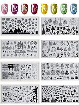 Biubee 8 Pcs Christmas Nail Art Stamping Template- Christmas Santa Reindeer Snowflake Snowmen Tree Bell Stockings Manicure Print Stamp Templates