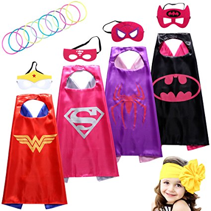 Superhero Dress Up Costumes Girl Cape and Mask set of 4 with Silicone Glow Bracelets and HeadBand