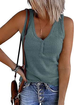 MEROKEETY Women's V Neck Tank Tops Summer Sleeveless Ribbed Button Casual Henley Shirts