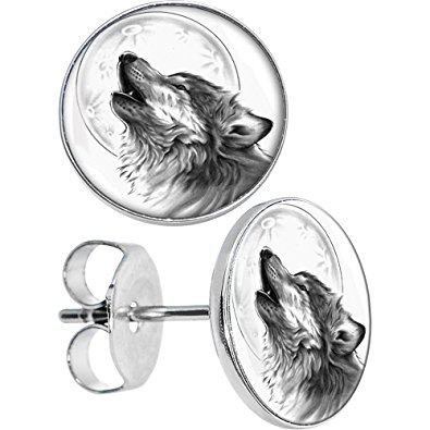 Body Candy Stainless Steel Howling Wolf Stud Earrings