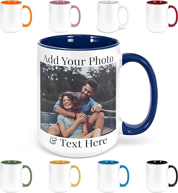 Custom Coffee Mugs - Personalized Coffee Mugs with Photo Text, Customized Ceramic Coffee Mug - Customizable Mug, Funny Mug, Personalized Gifts, Custom Mug with Photo - Add Your Photo - 15oz Dark Blue