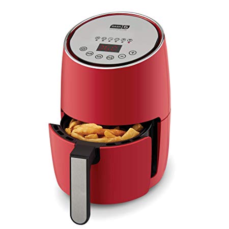 DASH DCAF155GBRD02 Compact Electric Air Fryer   Oven Cooker with Digital Display, Temperature Control, Non Stick Fry Basket, Recipe Guide   Auto Shut Off Feature, 1.6 L, up to 2 QT, Red