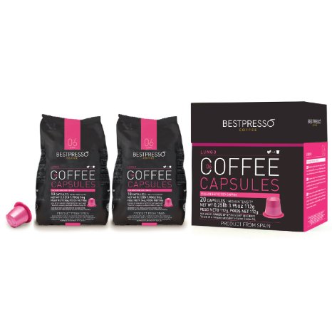 20 Bestpresso Nespresso Compatible Gourmet Coffee Capsules - Nespresso Pods Alternative: Lungo Blend Natural Espresso Flavor (High Intensity) - Certified Genuine Espresso