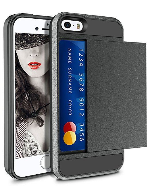 iPhone 5s Wallet Case,Cheeringary Credit Card Wallet Case TPU body Shockproof Protective Case and polycarbonate bumper frame for iPhone 5,iPhone 5s,and iPhone SE-Grey Black