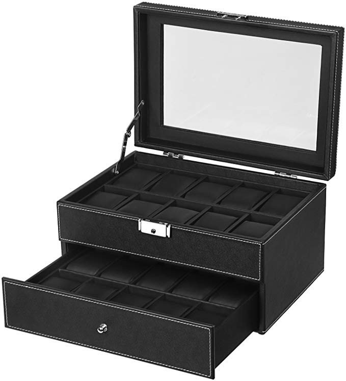SONGMICS Full PU Watch Display Storage Box, Watch Case with Transparent Window, for 20 Watches, Black JWB301