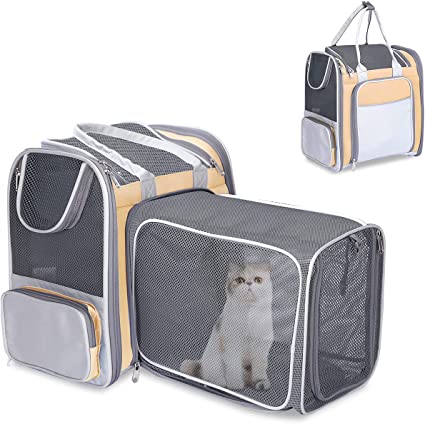 Cat Carrier Backpack Bag with Expandable Brethable Space for Cats Dogs Puppy Ventilated Mesh Bag Collapsible Storage Yellow