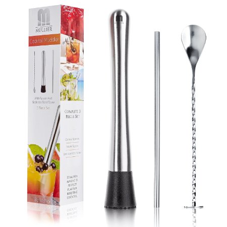 10 Stainless Steel Drink Muddler Mixing Spoon and Straw Set by Mullier