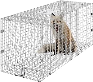 VEVOR Live Animal Cage Trap, 50" x 20" x 26" Humane Cat Trap Galvanized Iron, Folding Animal Trap with Handle for Stray Dogs, Armadillos, Raccoons, Marmots, Foxes