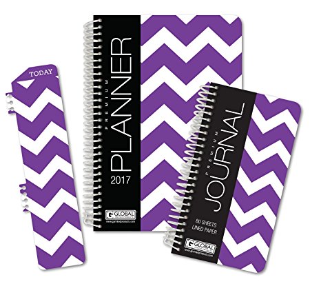HARDCOVER Fashion Daily Planner Set - Includes 14 Month 2017 Calendar Year (5.5" x 8") with Monthly Tabs -- Bonus Clip-in Bookmark -- 3.5" x 6.5" Bonus Journal [Purple Chevron]