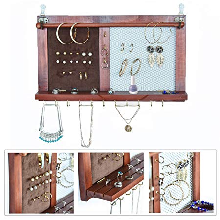 Kullavik Wall Mounted Jewelry Organizer Armoires Home Decor Display Shlef Storage for Necklaces,Bracelets,Ring Holder,Earings Wire Mesh,Velvet Earring Display,Incl.Hooks for Hanging Jewelries