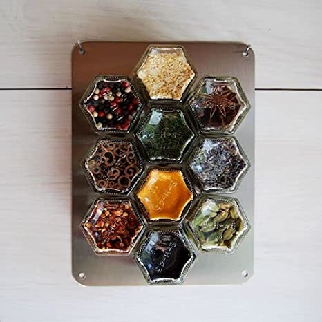 Gneiss Spice | Compact Wall Hanging Spice Rack | Includes 10 Small Magnetic Jars   Stainless Wall Plate (6x8 Inches)