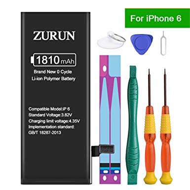 ZURUN 1810mAh High Capacity Li-ion Polymer Replacement iP6 Battery Compatible with iPhone 6 A1586 A1589 A1549 with Repair Replacement Kit Tools Adhesive Strips 0 Cycle -2 Year Warranty (Not for 6s)