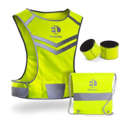 Reflective Vest for Running Walking Cycling Jogging Motorcycle  Unique Design by EvoLike  Full High Visibility Gear Kit including 2 Wristbands and Bag  Mens and Womens