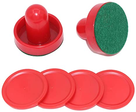 MUZOCT Great Goal Handles Pushers Replacement Accessories for Game Tables - 2 Red Air Hockey Pushers and 4 Red Pucks for Children