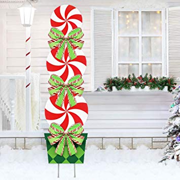 ORIENTAL CHERRY Candy Christmas Decorations Outdoor - 44In Peppermint Xmas Yard Stakes - Giant Holiday Decor Signs for Home Lawn Pathway Walkway Candyland Themed Party - Red White Green