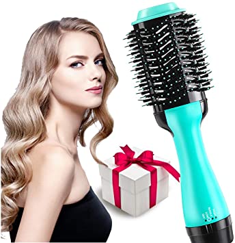 One Step Hair Dryer and Styler 4-in-1 Multifunctional Hot air Brush Straightener-curl-Comb-Dryer, One Step Hair Dryer and volumizer Brush Feature Anti-Scald Reduce Frizz & Static Styling (Cyan)