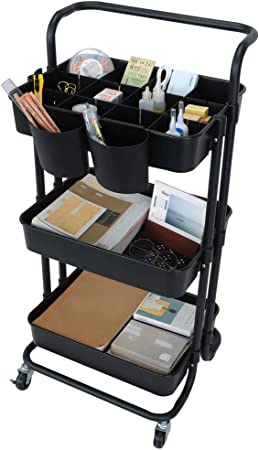 StorageWorks 3 Shelves Rolling Carts,Metal Rolling Utility Cart, Storage Cart Organizer with Lockable Wheels for Office, Black, 16.7"L X 14"W X 33.4"H