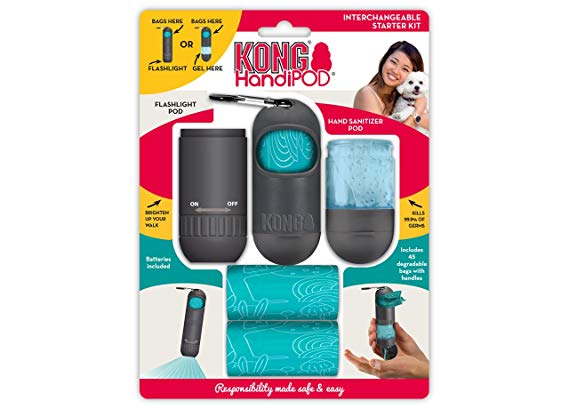 KONG HandiPOD - Interchangeable Starter Kit - Dog Waste and Poop Bag Dispenser with Interchangeable Hand Sanitizer and Flashlight Attachments - Includes Leash Clip