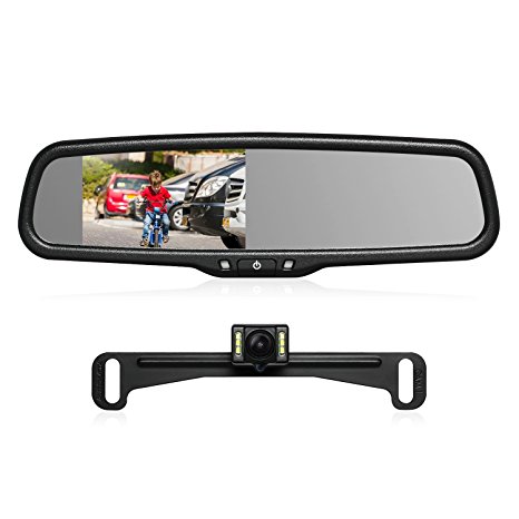 AUTO-VOX T2 Backup Camera Kit 4.3” LCD OEM Car Rearview Mirror Monitor Parking and Reverse Assist with IP 68 Waterproof LED Night Vision Rear View License Plate Back up Car Camera for Cars Trucks RVs