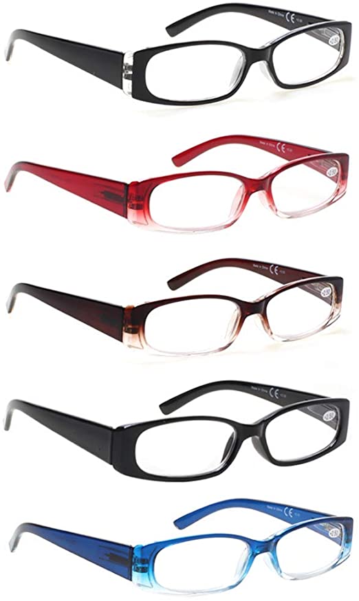 5 Pack Spring Hinge Reading Glasses Rectangular Fashion Quality Readers for Men and Women