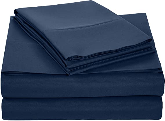 AmazonBasics Lightweight Super Soft Easy Care Microfiber Sheet Set with 16" Deep Pockets - Queen, Navy Blue, 4-Pack