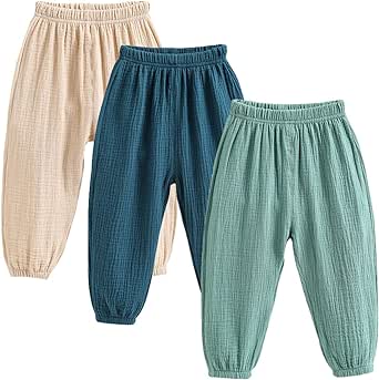 3 Pack of Little Kids Boys Girls Summer Spring Autumn Cotton Linen Printed Soft Trousers Casual Long Ankle Pants