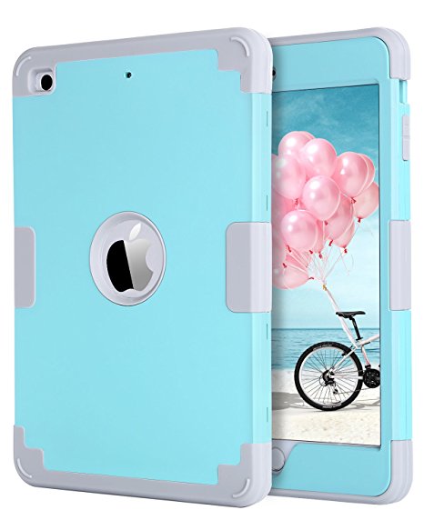 iPad Mini 3/2/1 Case Protective, BENTOBEN Shockproof Silicone Anti-slip High Impact Resistant Triple-Layer Hybrid PC Bumper Protective Case for iPad Mini 1st 2nd and 3rd Generation, Mist Blue/Gray