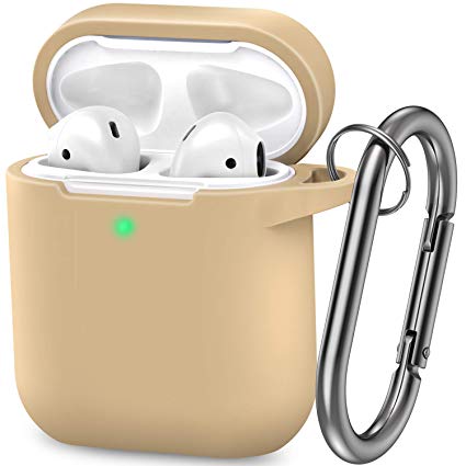AirPods Case, Silicone Cover with U Shape Carabiner,360°Protective,Dust-Proof,Super Skin Silicone Compatible with Apple AirPods 1st/2nd (Khaki)