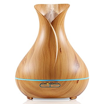 Aromatherapy Essential Oil Diffuser and Air Purifier, Ultrasonic Oil Aroma Diffuser, Cool Mist Oil Humidifier Auto Shut Off, Elegant Wood Look Design, 4 Timer Settings with 7 Colors Led Light, 400ml.