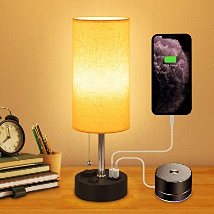 USB Bedside Lamp - Honesorn Nightstand Lamp with Charging Ports,Night Table Lamp for Bedroom,Night Lamp with Pull Chain,Fabric Linen Cylindrical Lampshade, LED Bulb Included