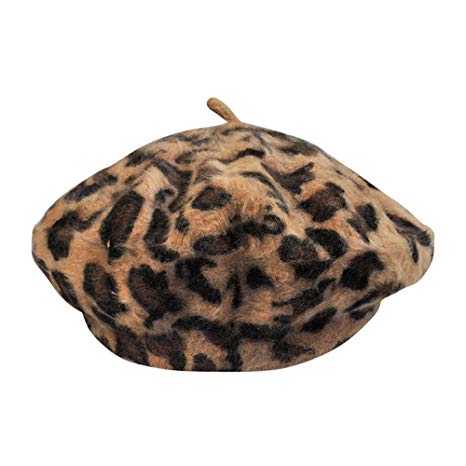 Women French Style Vintage Leopard Print Wool Soft Winter Warm Beret Beanie Hat