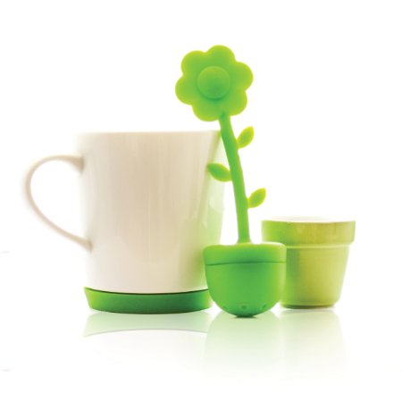 Premium Tea Infuser 4 Piece Set Silicone Infuser Ceramic Flower Pot Holder and Ceramic Tea Mug with Built In Removable Coaster Best for Loose Leaf Tea