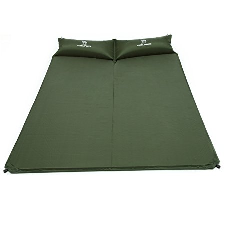 Camel Double Self-Inflating Sleeping Pad with Attached Pillow, Comfortable for 2 Person Camping, Hiking, Backpacking, Beach