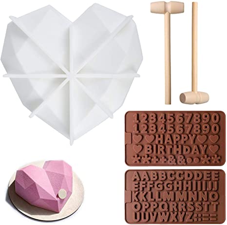 Chocolate Heart Mold,Diamond Heart Shape Cake Mold Silicone Mousse Dessert Baking Pan Oven Safe Not Sticky Mould with Wooden Hammers and Letter Number Mold for Homemade DIY Dessert Tools