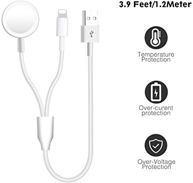 T.Face iWatch Charger, 2-in-1 Wireless Charging Cable Compatible with for Apple Watch Series 4/3/2/1 and iPhone XR/XS/XS Max/X/8/8Plus/7/7Plus/6/6Plus (White-2 in 1 iwatch Charger)