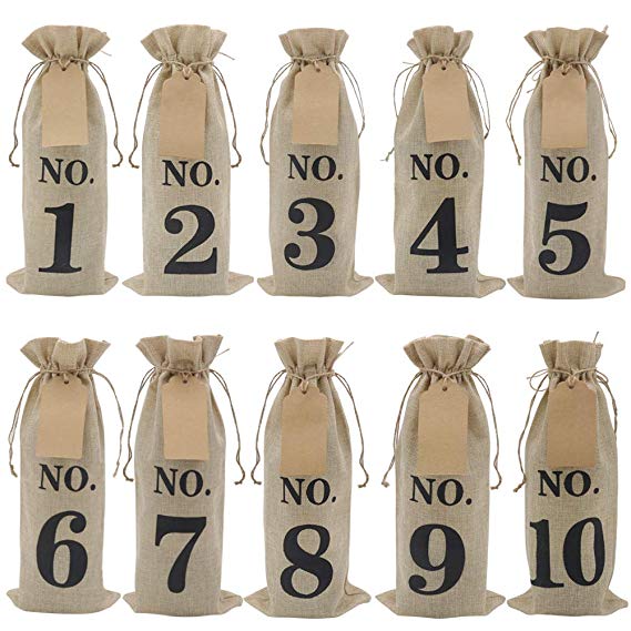 HRX Package 10pcs Burlap Wine Bags with Tags for Blind Wine Tasting, Numbered Hessian Cloth Glass Bottle Gift Bags for Christmas Wedding Party Decoration