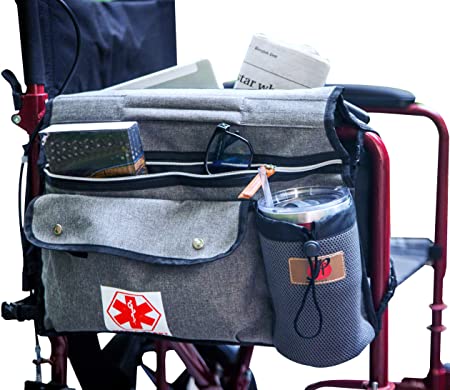 Wheelchair Side Pouch Bag(Double-Side) with Cup and Phone Holder for Manual, Electric or Power Mobility Scooter Full ARMREST by P&F for Lightweight Transport - Deluxe Wheelchair Accessories (Gray)