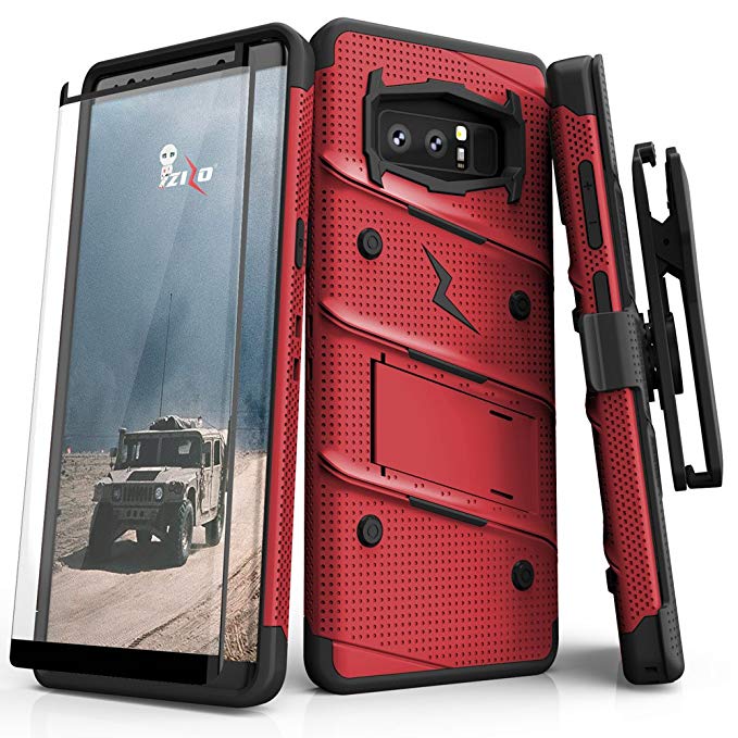 Zizo Bolt Series Compatible with Samsung Galaxy Note 8 Case Military Grade Drop Tested with Tempered Glass Screen Protector Holster RED Black