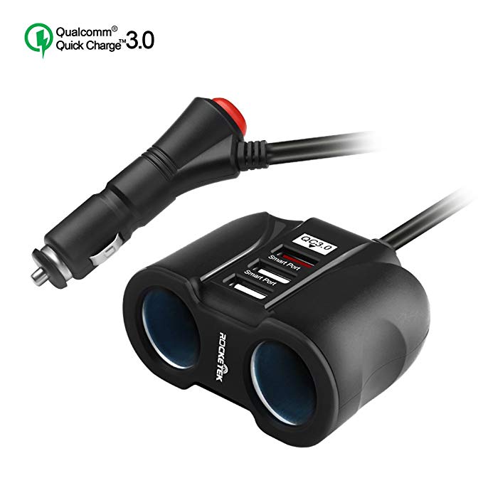 Rocketek 2-Socket Car Splitter Cigarette Lighter Adapter with QC 3.0 Port USB   2 x Smart Port USB for iphone/ipad/android cell phone/tablet/gps and more - Built-in Power Switch