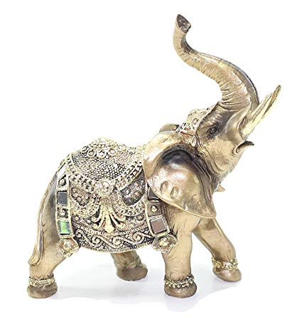 Feng Shui 7"(H) Brass Color Elegant Elephant Trunk Statue Wealth Lucky Figurine Home Decor Gift US Seller
