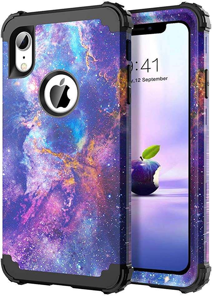 DUEDUE iPhone XR Case,Nebula Stars Galaxy Design,Heavy Duty Rugged Shockproof Drop Protection 3 in 1 Hybrid Hard PC Covers Soft Silicone Bumper Full Body Protective Case for iPhone XR 6.1",Purple