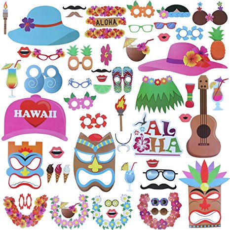 60pcs Luau Hawaii Photo Booth Props,for Beach Pool Parties,Holiday,Summer,Tiki,Tropical,Birthdays,Graduation Party Supplies