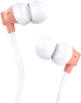 Earbuds, Vogek Tangle-Free Flat Cord Ergonomic in-Ear Headphones with Dynamic Crystal Clear Sound, Earphones with S/M/L Eartips Compatible with Samsung, Android Phone and More-Orange